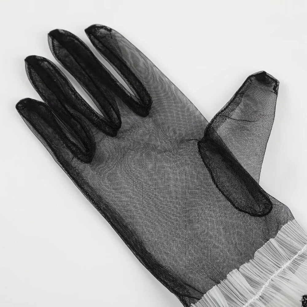 Women's Black 05 Floral Short Length Lace Tulle Mesh Wrist Wedding Party Gloves
